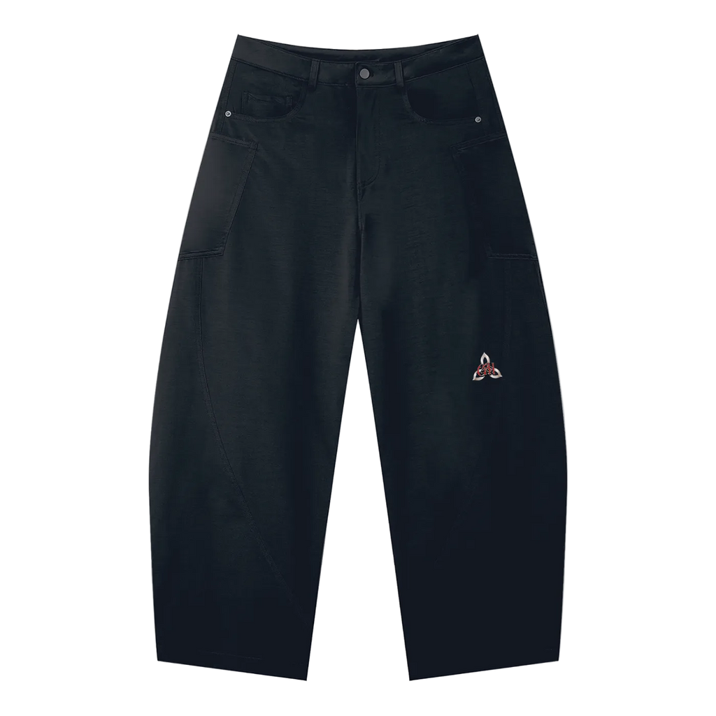 Black pants with a small white logo on a white background