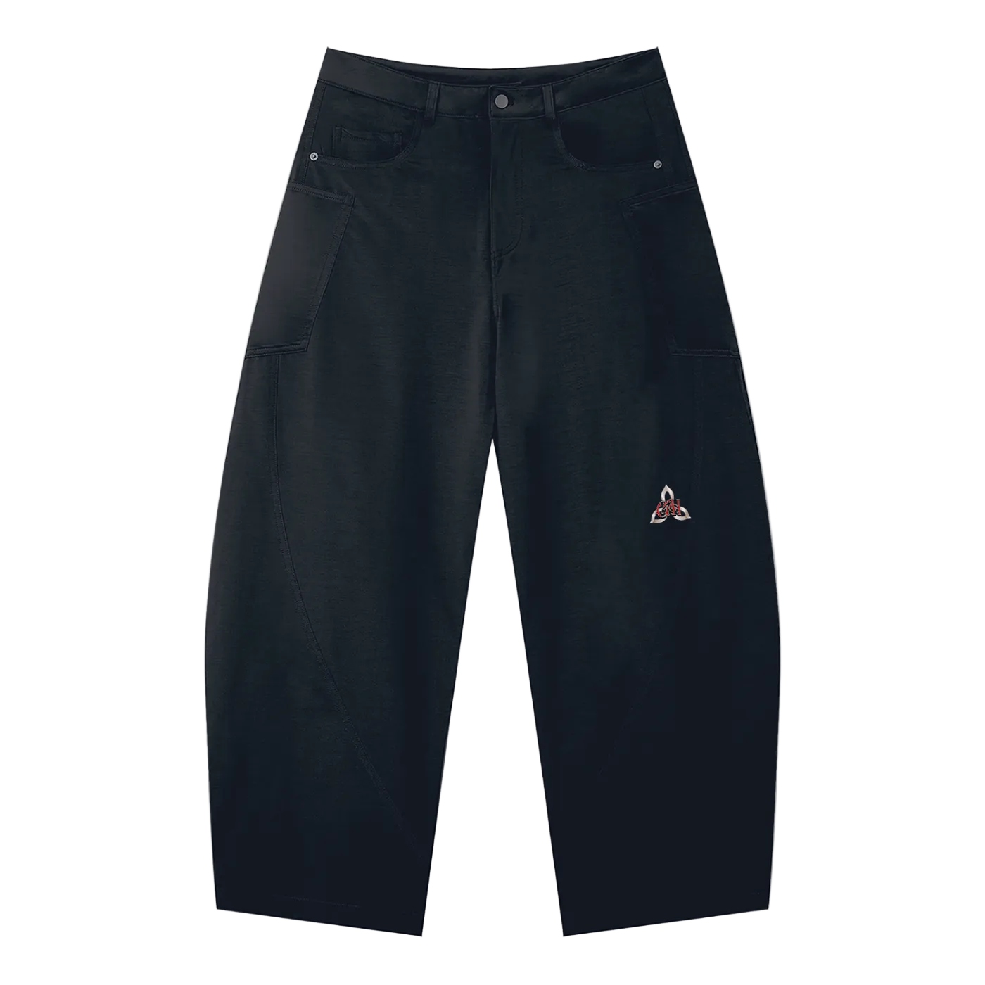 Black pants with a small white logo on a white background