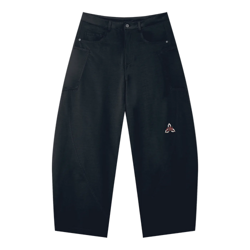 Black pants with a small white logo on a white background